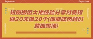 短剧搬运大佬经验分享付费短剧20天撸20个(他能吃肉我们就能喝汤)-薪火元第一资源库