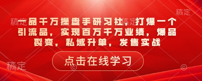 一品千万操盘手研习社，打爆一个引流品，实现百万千万业绩，爆品裂变，私域升单，发售实战-梦凌网创