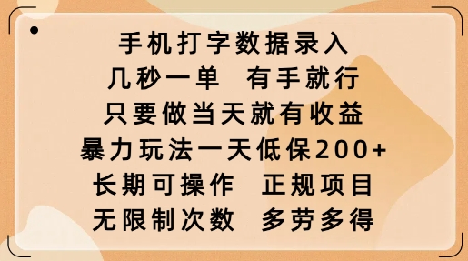 手机打字数据录入，几秒一单，有手就行，只要做当天就有收益，暴力玩法一天低保2张-梦凌网创