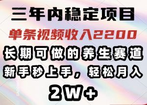 三年内稳定项目，长期可做的养生赛道，单条视频收入2200，新手秒上手，...-薪火元第一资源库