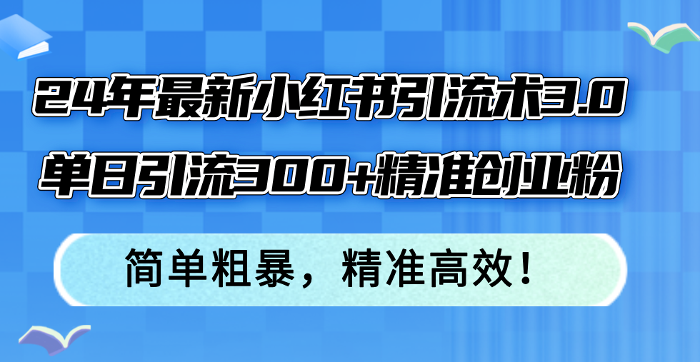 24年最新小红书引流术3.0，单日引流300+精准创业粉，简单粗暴，精准高效！-梦凌网创