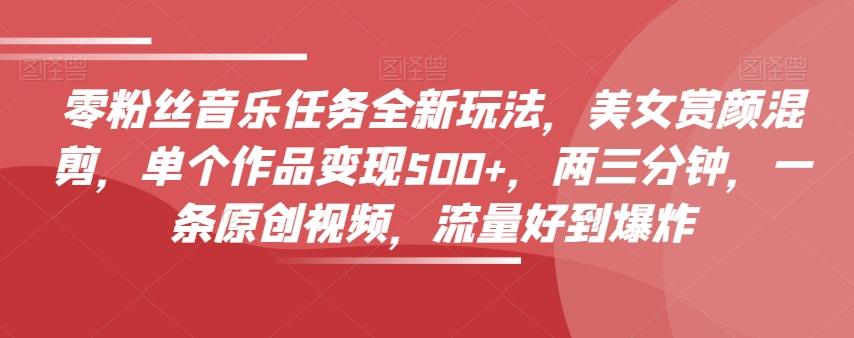 零粉丝音乐任务全新玩法，美女赏颜混剪，单个作品变现500+，两三分钟，一条原创视频，流量好到爆炸-薪火元第一资源库