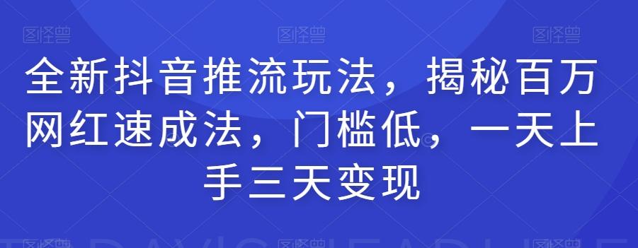 全新抖音推流玩法，揭秘百万网红速成法，门槛低，一天上手三天变现-梦凌网创