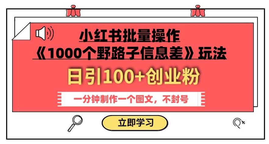 小红书批量操作《1000个野路子信息差》玩法，一分钟制作一个图文，不封号，日引100+创业粉-梦凌网创