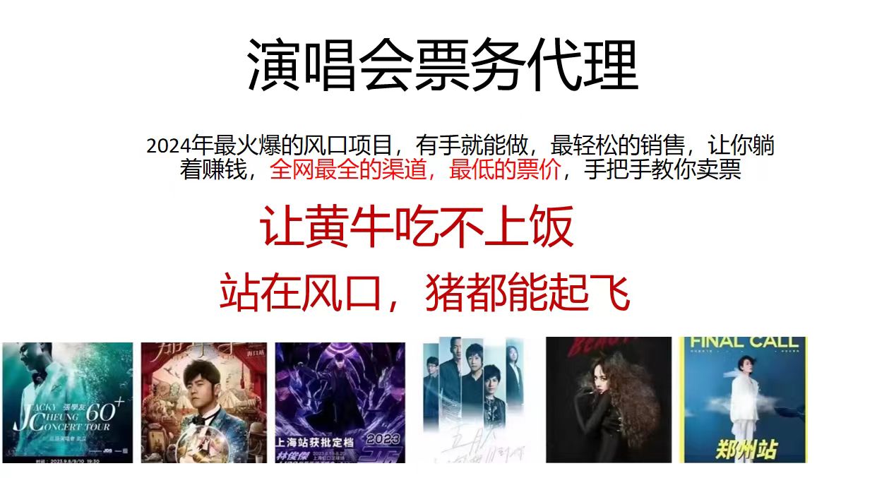 演唱会票务代理，2024年最火爆风口项目，全网最低的票价，小白一分钟上手日入2000+-梦凌网创