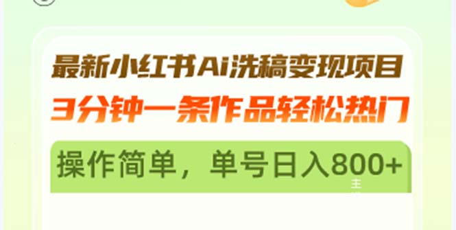 最新小红书Ai洗稿变现项目 3分钟一条作品轻松热门 操作简单，单号日入800+-梦凌网创