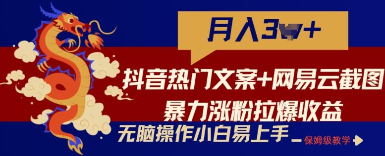 抖音热门文案+网易云截图暴力涨粉拉爆收益玩法，小白无脑操作，简单易上手【揭秘】-梦凌网创