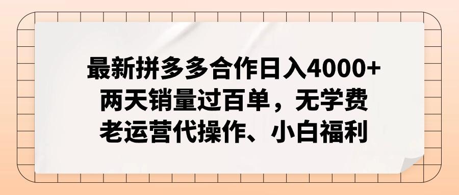 最新拼多多合作日入4000+两天销量过百单，无学费、老运营代操作、小白福利-梦凌网创